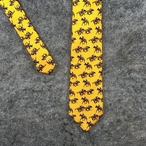 Lauren Ralph Lauren Polo Yellow 100% Silk Necktie Equestrian Print Horses 60"